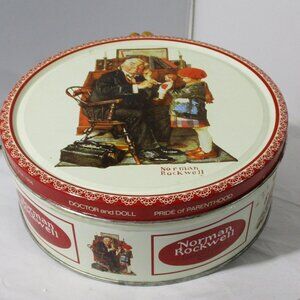Vintage 1985 Norman Rockwell Ltd Ed Round Cookie Biscuit Tin Doctor & Doll